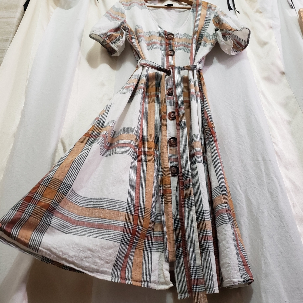 Worthington Plaid Midi Dress - Cream, Tan, Black - Picture 2 of 6